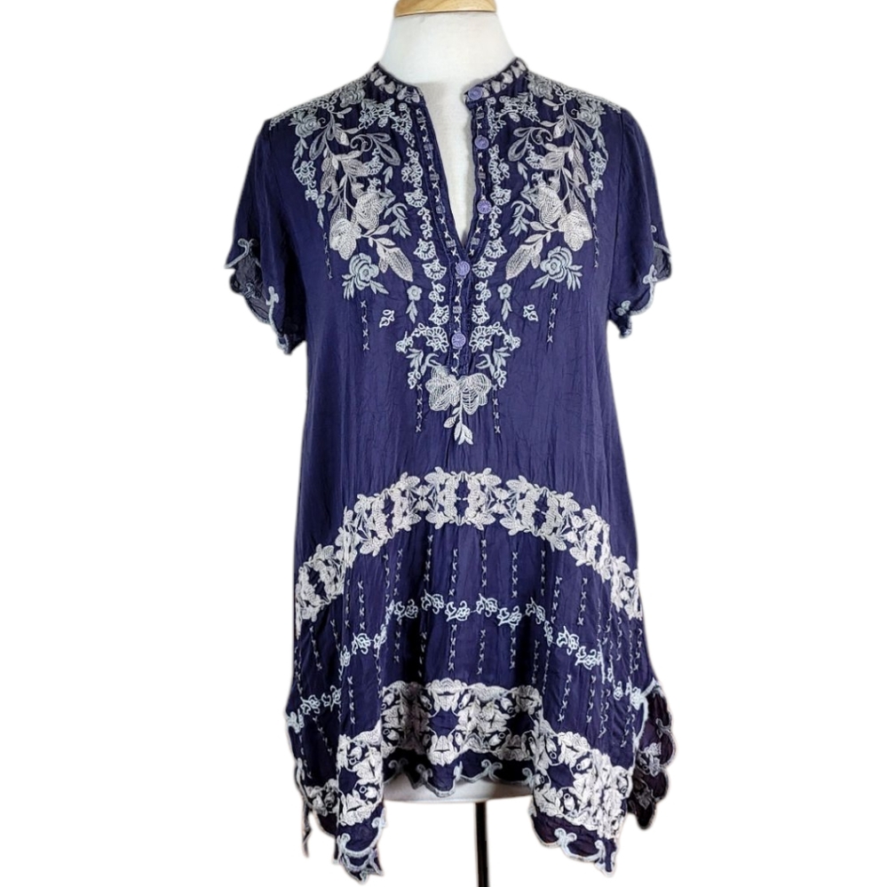 JOHNNY WAS Fletcher Embroidered Tunic Top Blue Grey Oversized Small - Picture 5 of 12